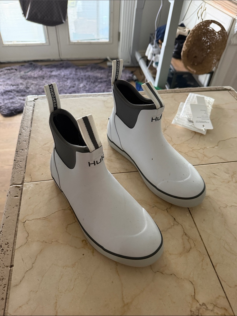 Huk White and Gray Slip-On Waterproof Rain Boots
